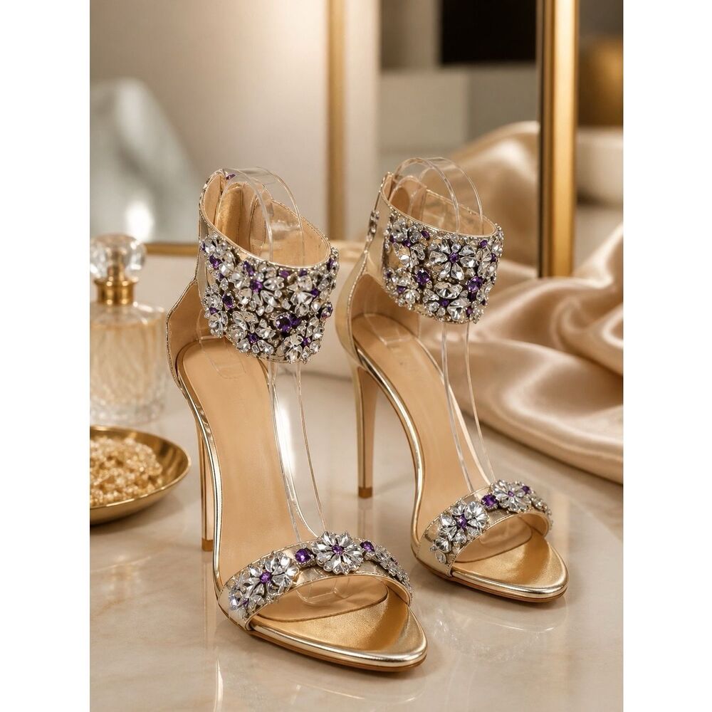 Elegant Gold Rhinestone Embellished Women's Heels Size 37 EUC - Picture 1 of 9
